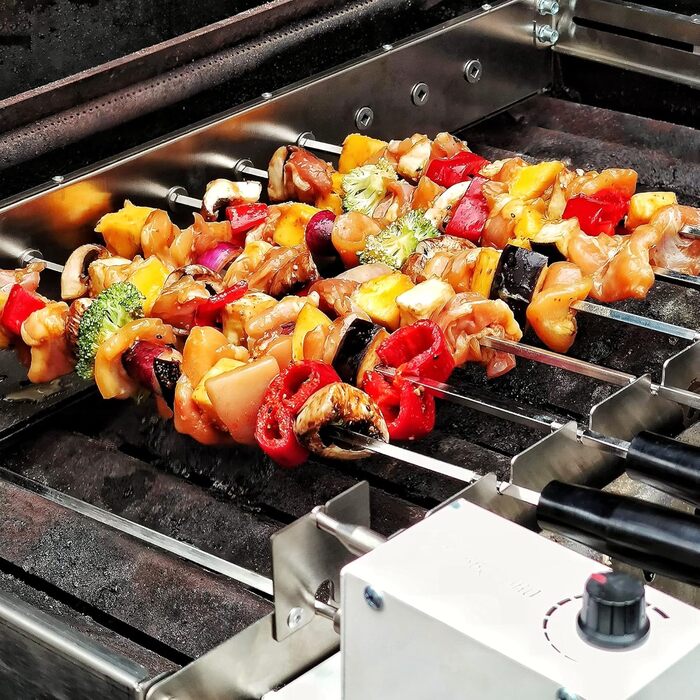 Електричний вертел BBQ-Toro Нержавіючий вертел з 11 шампурами та двигуном Регульований розмір (Ш) 70 x (Г) 26-40 см З мережевим шнуром та USB Для мангалу та шашлику (Двигун зліва спереду)