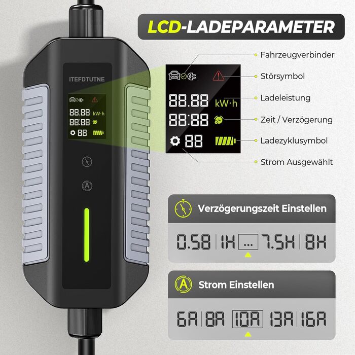 Зарядний кабель типу 2 11 кВт з вилкою CEE, 7M 6-16A 3-фазний з регульованою потужністю зарядки, мобільний настінний блок / зарядн