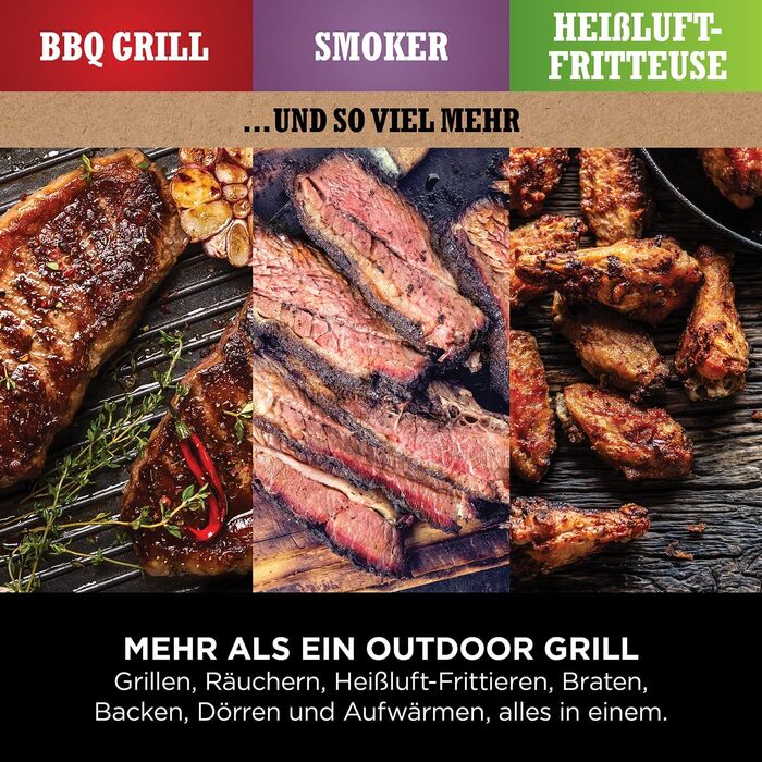 Електричне барбекю Ninja Woodfire, кемпінговий барбекю з коптильнею та фритюрницею, барбекю 7 в 1 на відкритому повітрі, копчення,