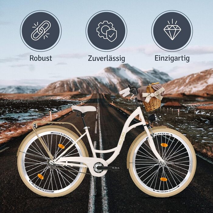 Жіночий міський велосипед MILORD Comfort з плетеним кошиком, вінтажний, 26, 28 дюймів, 1 швидкість, кремово-коричневий, 28 дюймів