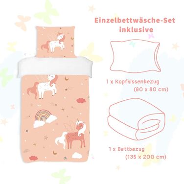Постільна білизна HOM Unicorn 135x200 для дівчаток - рожева райдужна постільна білизна для дітей - з наволочкою 80x80см 2 шт. Одно