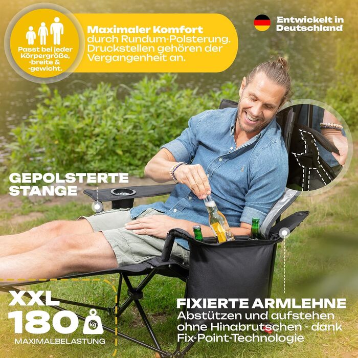 Складане крісло для кемпінгу та крісло-відкидка 2-в-1 180 кг Чорний Сумка-холодильник XXL Складане крісло I Складане крісло I Рибальське крісло Шезлонг для кемпінгу Пляжний шезлонг Складаний Легкий - Рибалка Пляж Фестиваль Відкритий