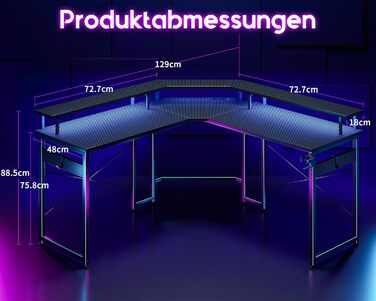 Ігровий стіл ODK 129x129 см, ігровий стіл зі світлодіодом, ігровий стіл для ПК з 2 розетками та 2 портами для зарядки USB, комп'ют