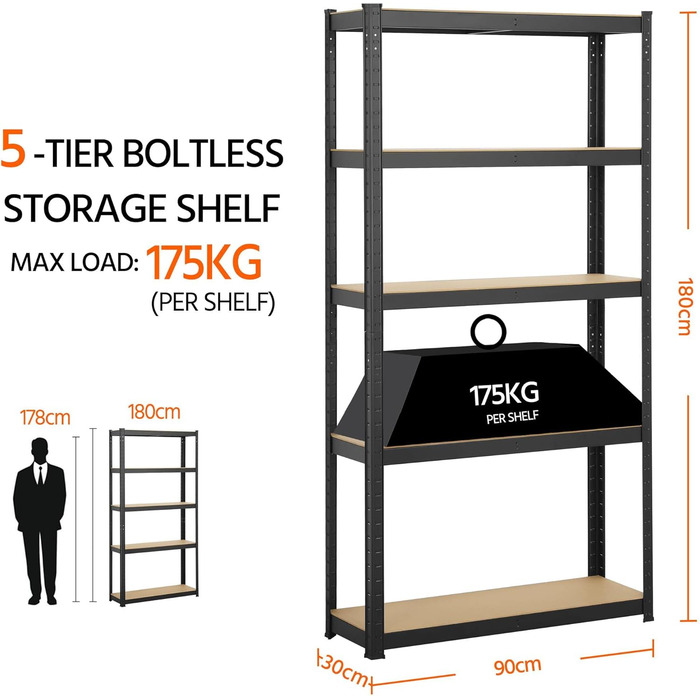 Полиця для зберігання Yaheetech для важких умов експлуатації з регульованими полицями з МДФ, органайзер-стелаж для гаража, вітальні, кухні, підвалу 90x30x180 см/чорна