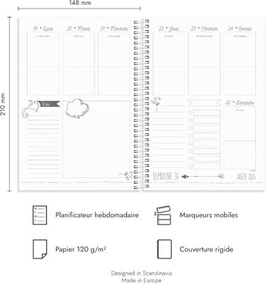 Календар тягаря 2024/2025 Doodle Щотижнева сторінка 142 наклейки в комплекті Планувальник французькою мовою 21,5 х 16 см З 29-07-2024 По 24-08-2025 Календар та органайзер білий 2024/2025 A5
