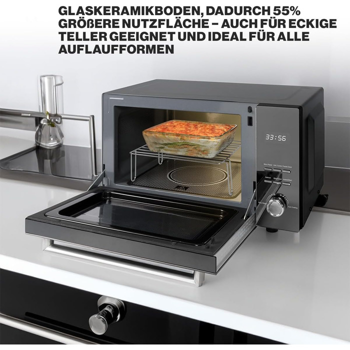 Мікрохвильова піч ProfiCook з грилем Мікрохвильова піч з великою варильною камерою на 23 літри Мікрохвильова піч без поворотного столу Мікрохвильова піч 1000 Вт Потужність гриля Двері дзеркала з вертикальним відкриванням PC-MWG 1204 чорний