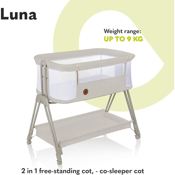 Дитяча тумбочка Lionelo Aurora 3-в-1 для сну від народження до 9 кг, регульована висота та нахил, матрац, 4 колеса, що блокуються, дихаюча, портативна, можна прати, сумка, ремені (світло-бежевий LUNA)