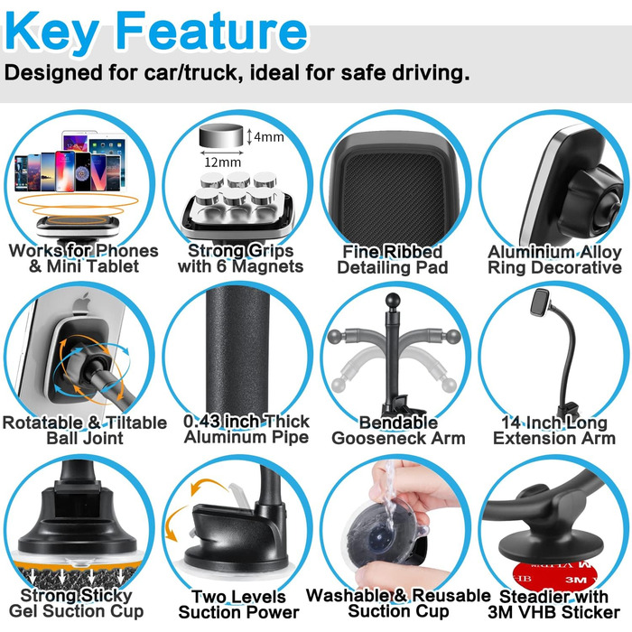 Магнітний тримач для мобільних телефонів для легкових та вантажних автомобілів з подовжувачем гусяча шия довжиною 33 см, універсал