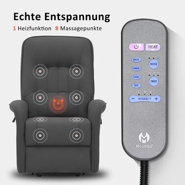 Крісло для телевізора M MCombo з електричним підйомником, 2 двигуни, з масажем та підігрівом, реклайнер з функцією лежання до 160, подушка сидіння з повного пінополіуретану 35D 7584 (мікрофібра, сірий)
