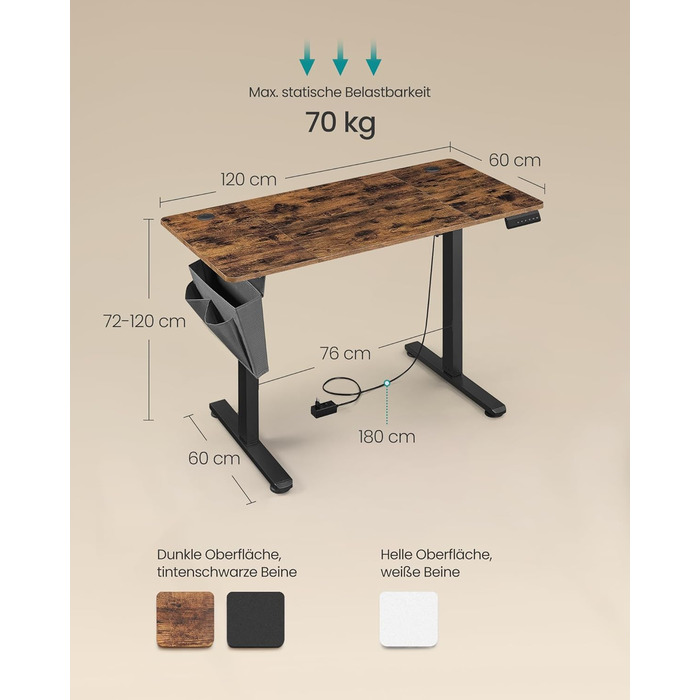 Електричний письмовий стіл SONGMICS з регульованою висотою, 120 x 60 см, регульований стіл, функція пам&39яті для 4 рівнів висоти, для офісу, вінтажний коричневий LSD132K01 120 x 60 см вінтажний коричневий