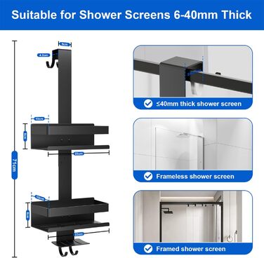 Полиця для душу без свердління, органайзер для ванної кімнати, підвісна полиця для душу для скляних дверей, тримач для шампуню, чорна полиця для ванної кімнати