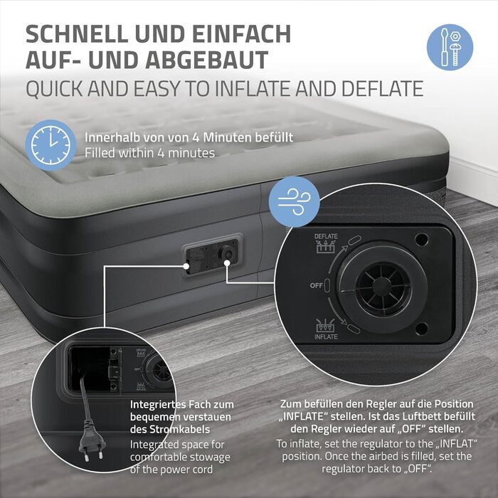 Надувний матрац ML-Design для 2 осіб 203x157x47 см сірого кольору, сертифікований TV, самонадувальний надувний матрац з електричним повітряним насосом 230 В, надувний матрац для кемпінгу, гостьове ліжко, двоспальне ліжко сумка для перенесення, сірий