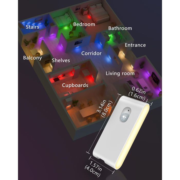Нічник WILLED з датчиком руху, RGB та теплий білий, акумуляторний ліхтар для сходів з датчиком руху, світлодіодний нічник для дітей з 3 режимами, ліхтар з датчиком руху для сходів, коридору, спальні, кухні, ванної кімнати, білий, 4 шт.
