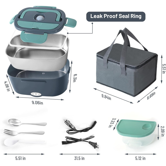 Електричний ланчбокс з підігрівом, портативний контейнер для їжі 1.5 л з нержавіючої сталі, герметичний. 3-в-1 для автомобіля (12V/24V), офісу (220V) та подорожей, з виделкою, ложкою та термосумкою (зелений)