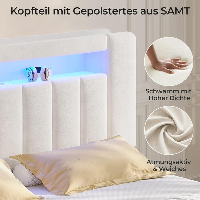 М&39яке ліжко 140x200 см з місцем для зберігання - 4 шухляди, Дитяче ліжко зі світлодіодним освітленням та зарядною станцією, Двоспальне ліжко з оксамитовим узголів&39ям, Ліжко 140x200 з рейковим каркасом - Матрац не входить до комплекту, Бежевий оксамит 