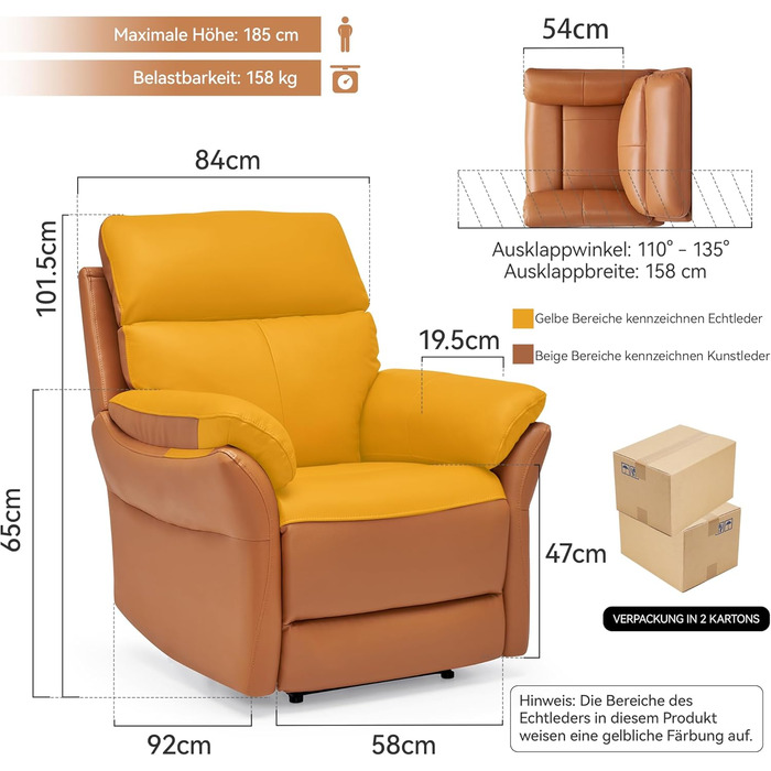 Крісло для відпочинку AIRSKY з натуральної шкіри, крісло для телевізора з функцією відкидання, крісло для кінотеатру, крісло для сну, крісло для старших, крісло для телевізора з функцією сну, ручне регулювання крісла для вітальні, спальні (помаранчеве)