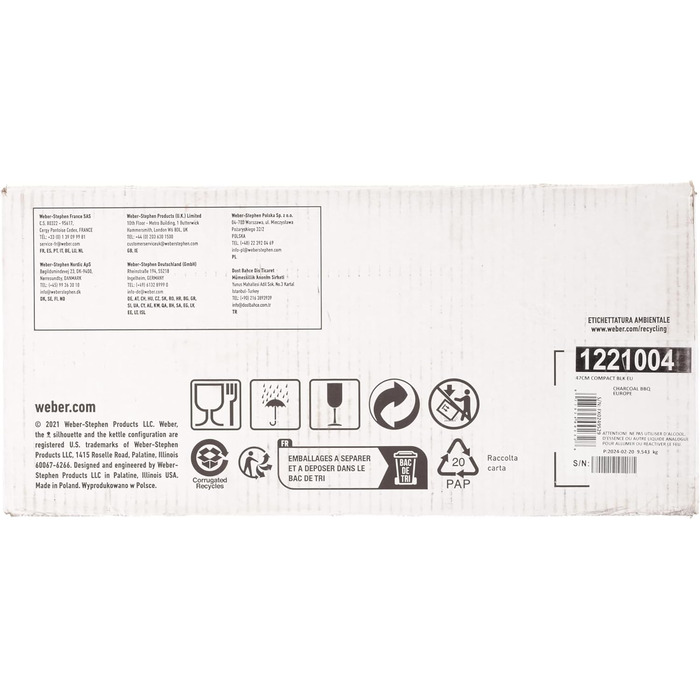 Гриль для вугілля Weber Compact Kettle, діаметр решітки 47 см, решітка для барбекю з порцеляновою емальованою кришкою та чайником,