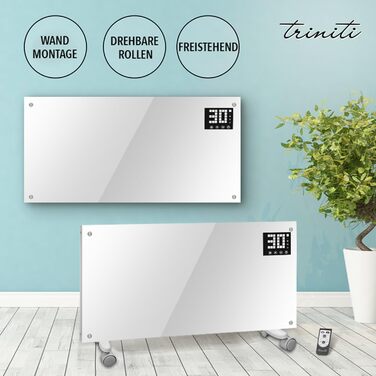 Електричний обігрівач TRINITI, конвекторний обігрівач з термостатом до 2000 Вт, елегантне загартоване скло, світлодіодний дисплей, таймер, тонкий та тихий, захист від перекидання та перегріву, коліщатка, настінний, БІЛИЙ