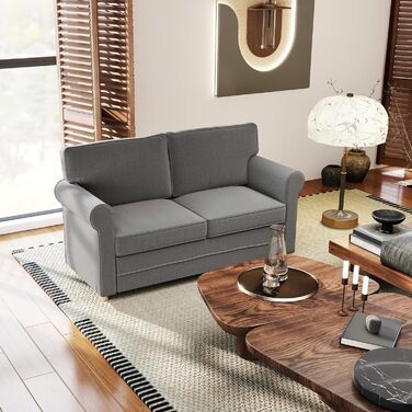 Місний диван HOMCOM з підлокітниками, товсто м&39який двомісний диван, сучасний м&39який диван з S-подібними пружинами, лляний вигляд, дерев&39яні ніжки для спальні та вітальні, 150 x 74 x 86 см, темно-сірий, 2-