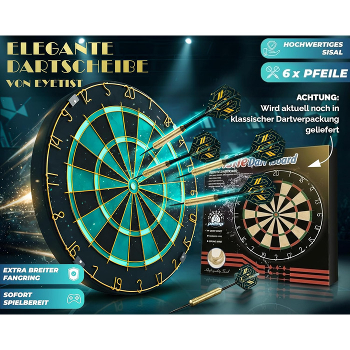 Професійна сизалева мішень для дротиків, бірюзового кольору із золотим кільцем з номером та стрілками - Професійна сталева мішень для дротиків - Мішень для дротиків з 6 металевими наконечниками, золотими стволами для дротиків та держаками