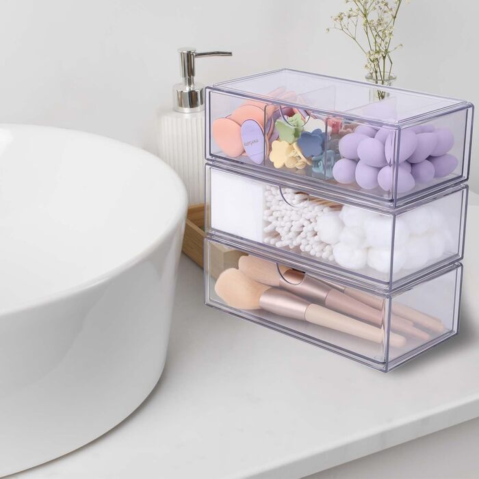 Міні-органайзер для ванної кімнати з шухлядами, комплект з 3 шт. , виготовлений з акрилу, штабелюється, прозорий, для комода, туалетного столика, дзеркальної шафки, всередині, 3 комплекти, 21Г x 21Ш x 10В см