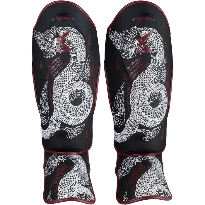 ВИДІВ ЗБРОЇ Щитки для гомілок Sak Yant Naga, чорно-коричневі, для тренувань та змагань, високоякісна синтетична шкіра та ідеальна амортизація, муай-тай, K1, MMA, карате та кікбоксинг, 8