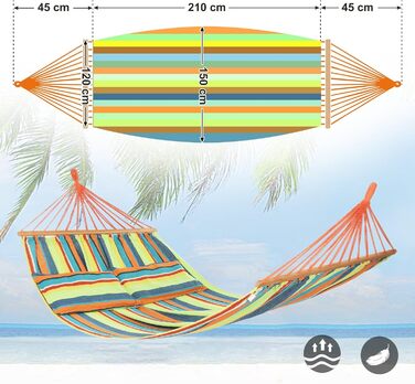 Гамак SONGMICS відкритий багатомісний, гамак з палицями, портативний і дихаючий, 210 x 150 см, TV Rheinland, статична вантажопідйомність 300 кг, для саду на відкритому повітрі GDC22Q зелений помаранчевий