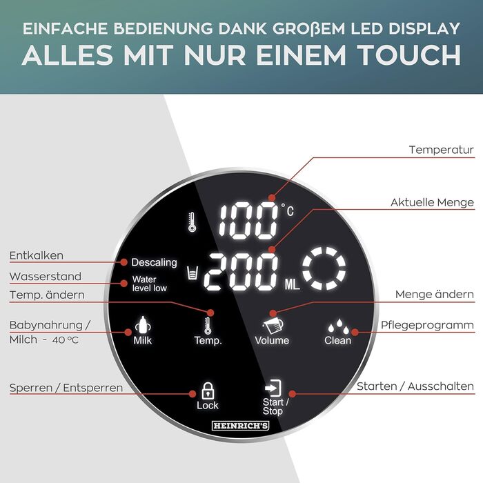 Диспенсер для гарячої води HEINRICHS - гаряча вода одним натисканням кнопки від 40 до 100 C, обсяг води 100 мл-400 мл на вибір, підходить для дитячого харчування, в т.ч. функція очищення фільтр, сенсорний дисплей, 2.7 л Heinrich