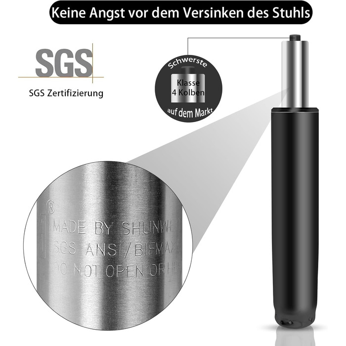 Газова пружина, газова пружина для офісних крісел 1000 фунтів (450 кг) Газова пружина для обертових крісел, підходить для офісних крісел та стільців, регульована висота газової пружини 290 мм-430 мм для офісних крісел, висока вантажопідйомність (чорна)