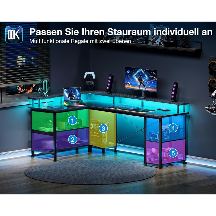 Ігровий стіл ODK зі світлодіодним освітленням, двосторонній ігровий стіл 150102 см з 2 розетками та 2 портами USB для зарядки, великий кутовий стіл із сітчастою полицею, чорний колір з вуглецевого волокна 150102 см з вуглецевого волокна, чорний колір