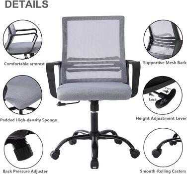 Регульоване офісне крісло mcc direct, ергономічне сітчасте поворотне крісло з м&39якою подушкою сидіння, комп&39ютерне крісло з регульованою висотою, поперековою опорою та поворотним шарніром, для дому, офісу, темно-сіра сітчаста тканина