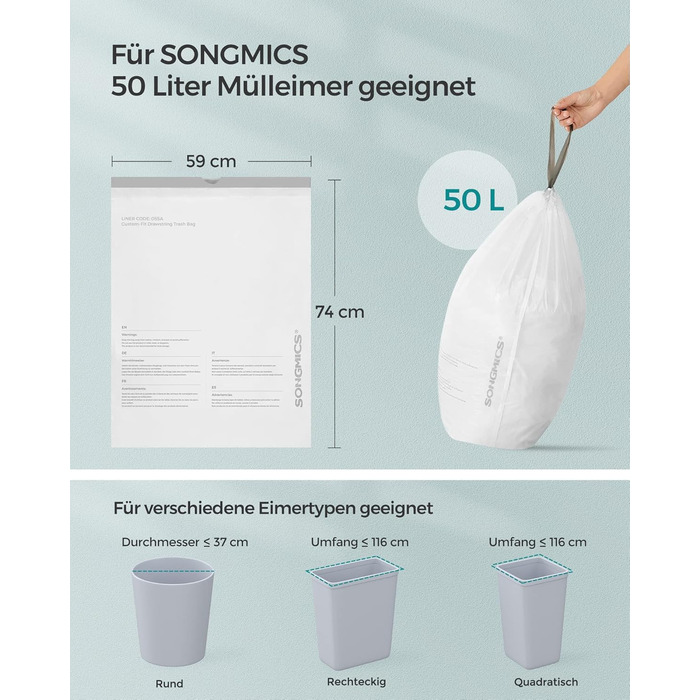 Сміттєві пакети SONGMICS зі шнурком, контейнери для 50-літрових баків, пакети для сміття, код 050A01, індивідуальний розмір, 2 рулони, 80 шт. , білі KRB050A02 ука (80 шт. у упаковці)