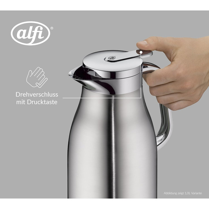 Термос alfi SKYLINE 1,5 л, матова нержавіюча сталь, з гігієнічним загартованим скляним вкладишем, кришка з поворотним замком та зручною кнопкою, ергономічна ручка, керування однією рукою, ідеально підходить як кавник