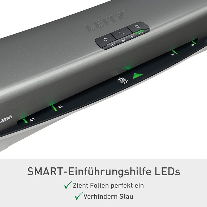 Ламінатор Leitz iLAM Office Pro A3, надшвидкий розігрів 1 хвилина, для плівок 75-175 мікрон, світлодіоди доступності та світлодіодний індикатор стану, функція захисту від застрягання, автоматичне вимкнення, стартовий комплект для роботи з плівками, сірий/