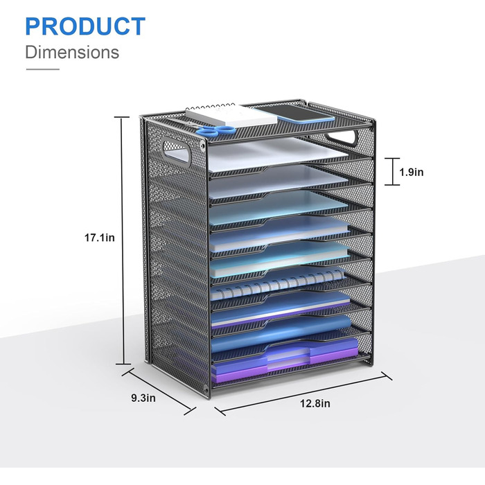 Рівневий настільний органайзер OUTWOLF з ручкою, міцний металевий органайзер для паперу, лоток для листів, відділення для зберігання, офісне приладдя для документів формату A4, паперу, книг, журналів (чорний) 10-рівневий настільний органайзер, 10-