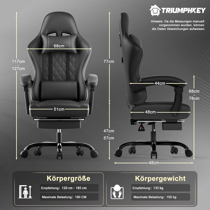 Геймерське крісло, офісне крісло з підставкою для ніг, ергономічне крісло з регульованою спинкою 90-135, вантажопідйомність 150 кг, чорний колір