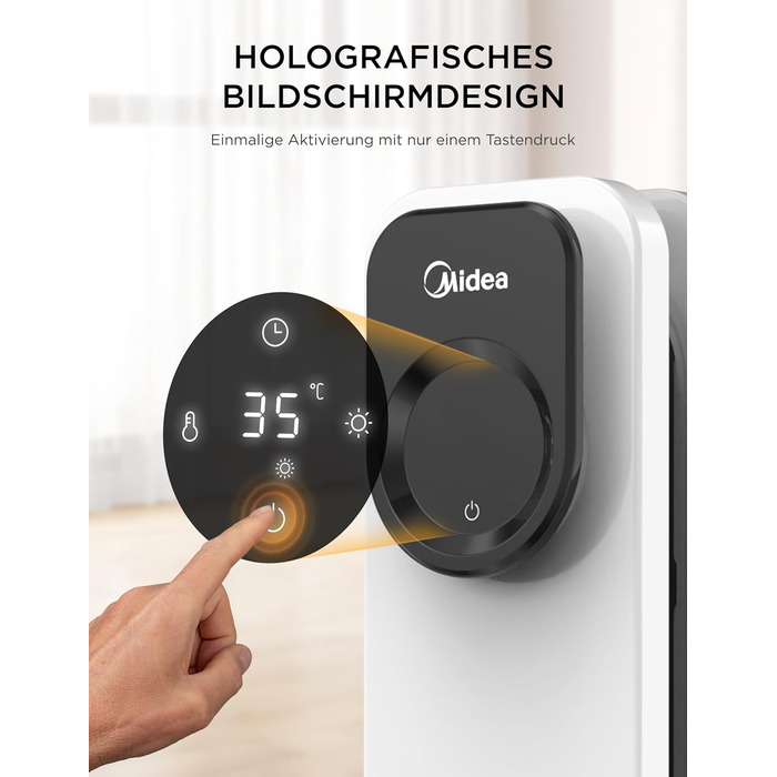 Масляний радіатор Midea NY2009-24UR, портативний електричний обігрівач з 9 ребрами, пультом дистанційного керування та сенсорним світлодіодним екраном, електричний радіатор з термостатом, 4 режими, захист від перегріву та перекидання, тиха робота, 2000 Вт