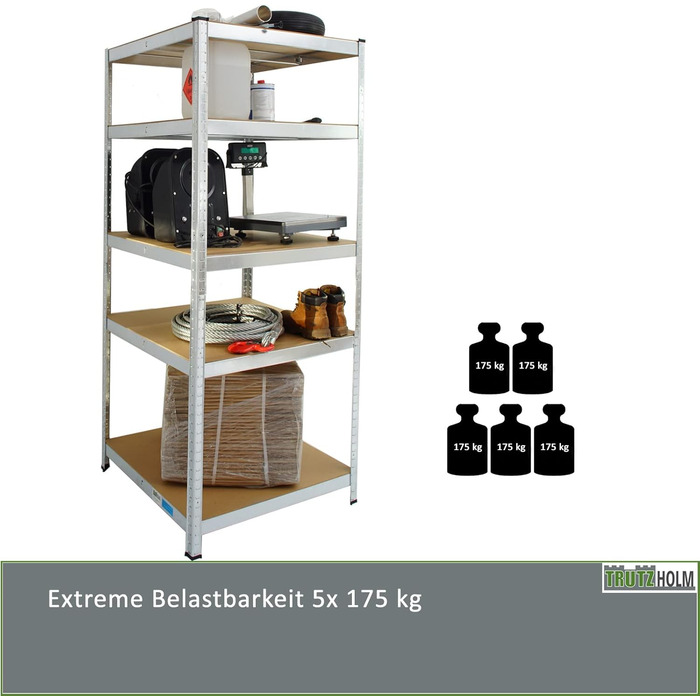 Стелаж для майстерні TRUTZHOLM, міцний стелаж, 180x75x75 см, вантажопідйомність 875 кг 5 полиць Архівний стелаж, стелаж для зберігання, стелаж для підвалу, металевий стелаж, гаражний стелаж