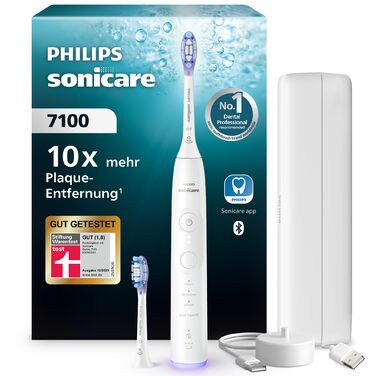 Електрична звукова зубна щітка з підключенням до додатку, 4 режими чищення, 3 рівні інтенсивності, контроль тиску, EasyStart, SmartTimer, білий колір, модель HX7420/02 Нова технологія Sonicare 7100, біла, 2 насадки для щітки, 7100