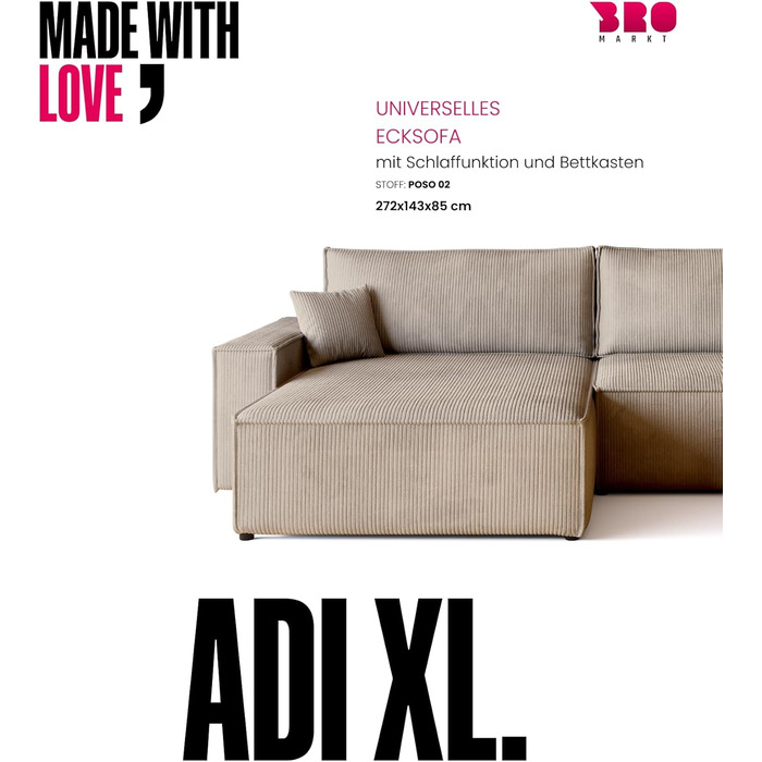 Диван з функцією сну, Диван з вельветової тканини, Короб для ліжка, Розкладний диван для вітальні, Кутовий диван, Окремостоячий, Adi XL Relax Sofa, 3-місний, 272x143x85 см, Бежевий, Дуже великий