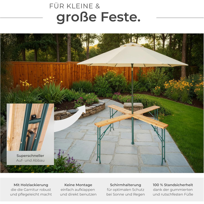 Стіл tectake Quattro як комплект пивного намету, дерев&39яний пивний стіл XXL, складаний, вуличний розкладний стіл з тримачем для парасольки, всепогодний садовий стіл, місце для 20 осіб, міцний та стійкий