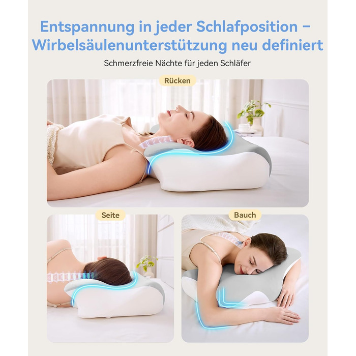 Подушка з піни з ефектом пам&39яті, ортопедична подушка для шиї 2 в 1, ергономічна подушка для підтримки шиї, регульована по висоті подушка для сну на боці, спині та животі, 60x41,5x10/12 см, білого та сірого кольорів