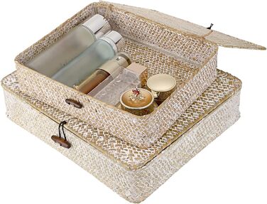 Кошик SUMNACON з ротанга, 2 шт., виготовлений з натуральної морської трави, з кришкою, коробка для зберігання ручної роботи, кошики для зберігання, кошик-органайзер для кухні, ванної кімнати, спальні, великий малий (прямокутний, білий)