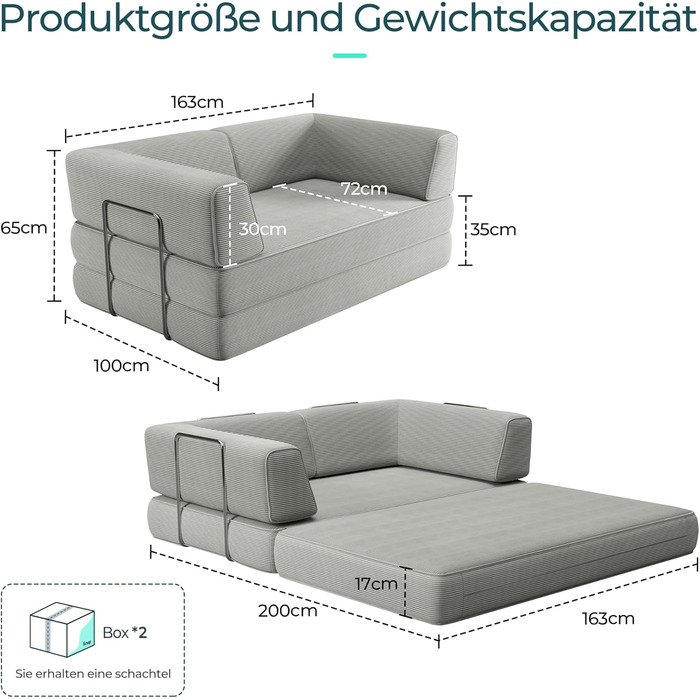 Розкладний диван LINSY HOME - Розкладний диван-ліжко з підлокітником та подушкою для спини - Розкладний диван-ліжко, ширина 160 см - Стиснутий диван у коробці - Вельветова тканина для вітальні, спальні, сірий колір, ширина 1,6 м