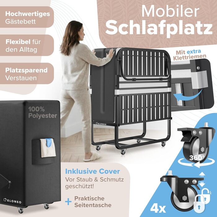 Розкладне ліжко ELONEO 90x200 см, включаючи преміум-матрац Розкладне гостьове ліжко, вантажопідйомність до 250 кг Розкладне дорожнє ліжко з металевим каркасом та транспортними колесами Настінне ліжко, включаючи захисний чохол, розкладне ліжко 90x200 см з 