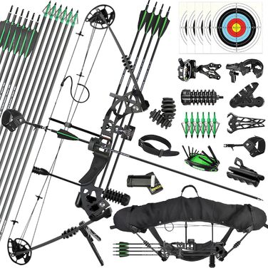 Набір складеного лука ZSHJGJR для дорослих – регульований 25–60 lb, мисливський та спортивний лук з повним комплектом аксесуарів, для правшів, чорний