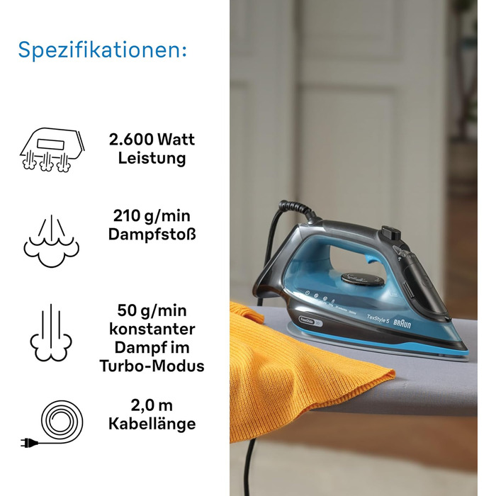 Парова праска Braun Household TexStyle 5 SI5256 BL з підошвою FreeGlide 3D, точним наконечником, вертикальна подача пари, система