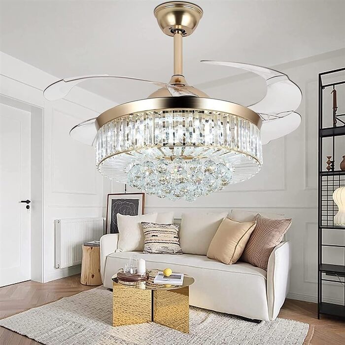 Безшумний стельовий вентилятор Кришталевий стельовий вентилятор з підсвічуванням Регульований, безшумний вентилятор з 6 швидкостям