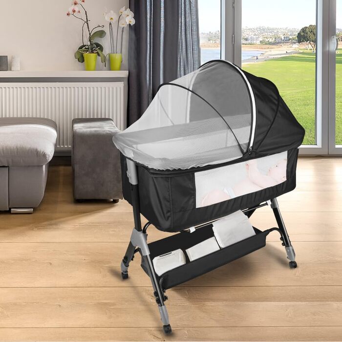 Дитяче ліжечко 3-в-1, дитяча колиска та дорожнє ліжечко, 4-рівневе регулювання висоти дитячого ліжечка, відкидне крісло, ліжечко, колиска для дітей вагою до 25 кг - 104 x 52 x 100-110 см - чорний колір