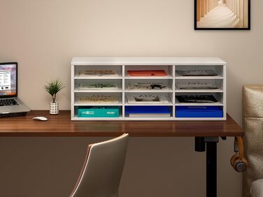 Дерев&39яний органайзер для офісного столу EasyPAG з 12 відділеннями, формат А4, тримач для документів, лоток для файлів, тримач для журналів, лоток для листів, органайзер для паперу та журналів, білий 80 x 30,7 x 29,8 см